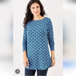 J.Jill Ponte Knit Long-Sleeve Tunic Top - Blue Geometric Pattern - XS​